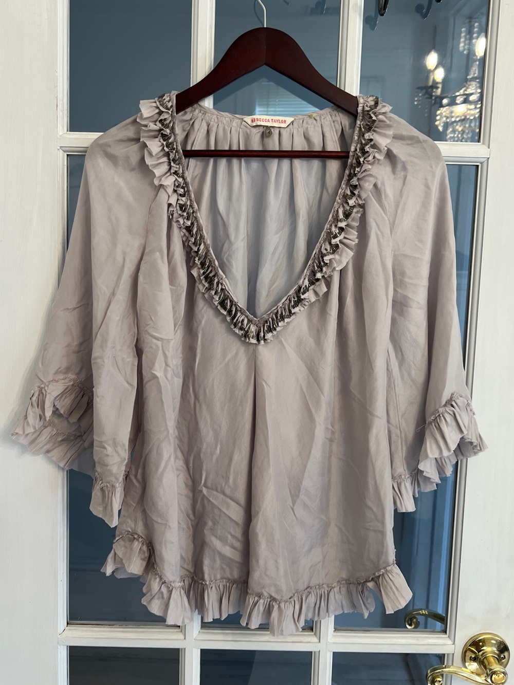 Rebecca Taylor Women’s Gray Silk Beaded Ruffle Blouse Bell Sleeve Boho Top Sz 4
